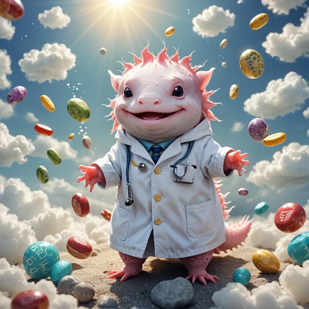 Cute Doctor Axolotl Holding Nutritional Supplements