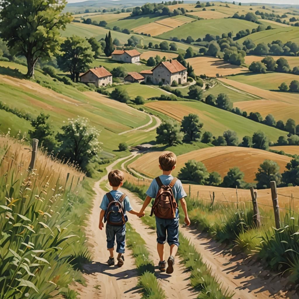 Boy Walking in Summer Countryside: Photorealistic Image