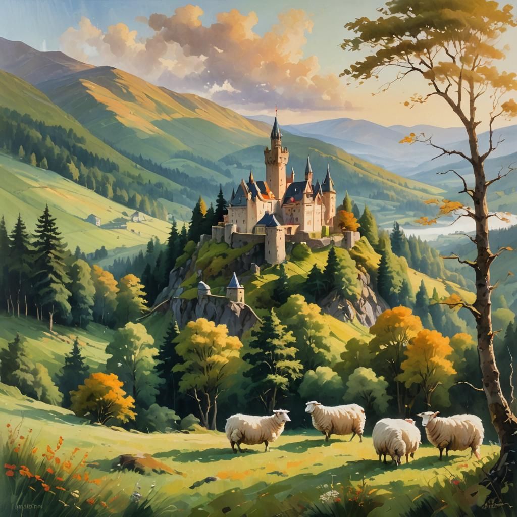 Scottish Highlands Castle in Oil Painting Style