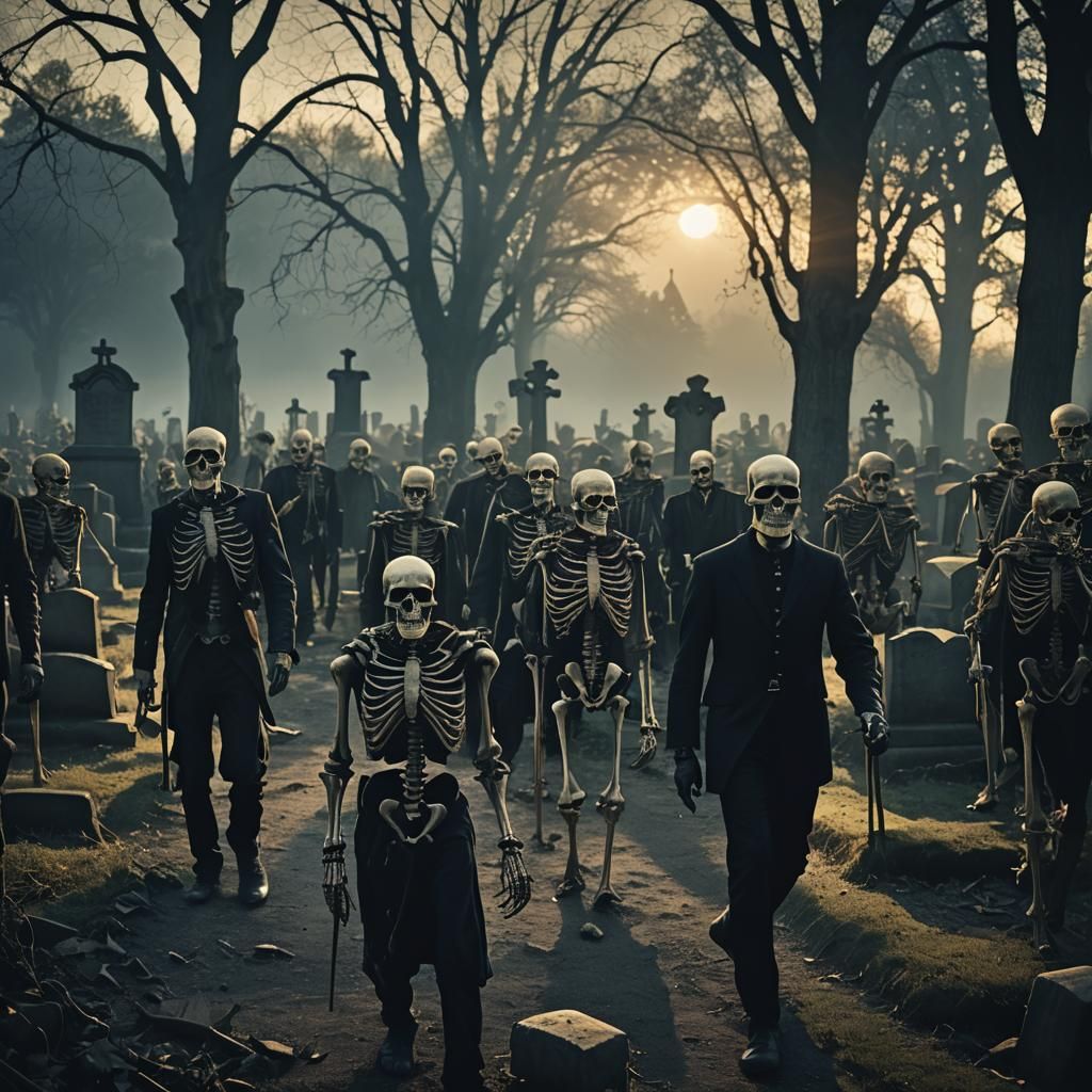 Skeletons Parade Through Gothic Cemetery in Expressionist Fi...