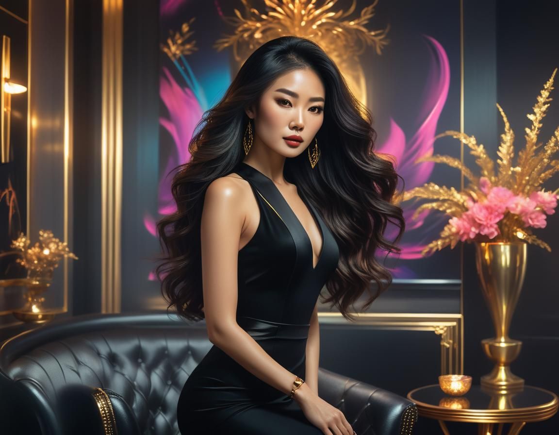 Beautiful Asian Woman Portrait in Synthwave Style