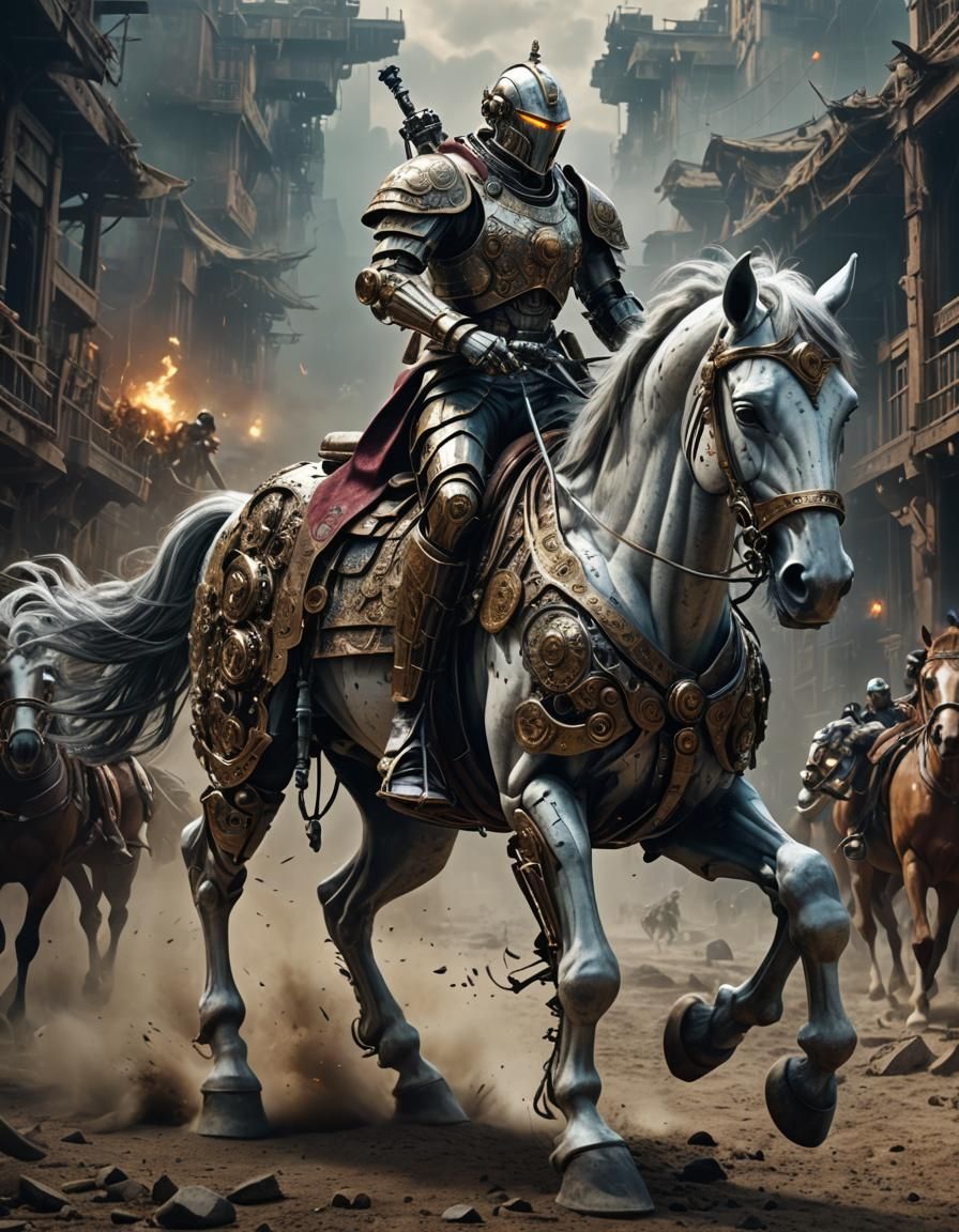 Robot Warrior on Horse: Epic Digital Painting