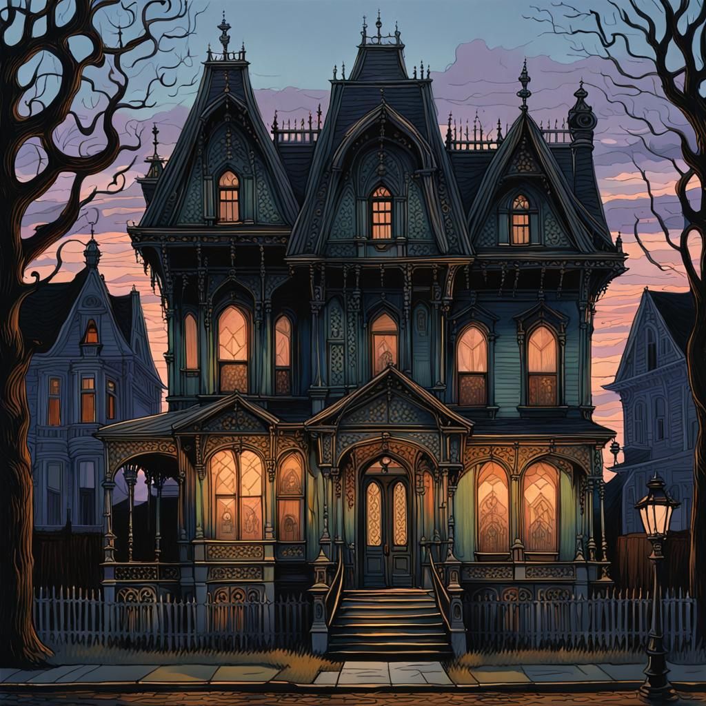 Spooky Victorian House Facade in Gouache Style