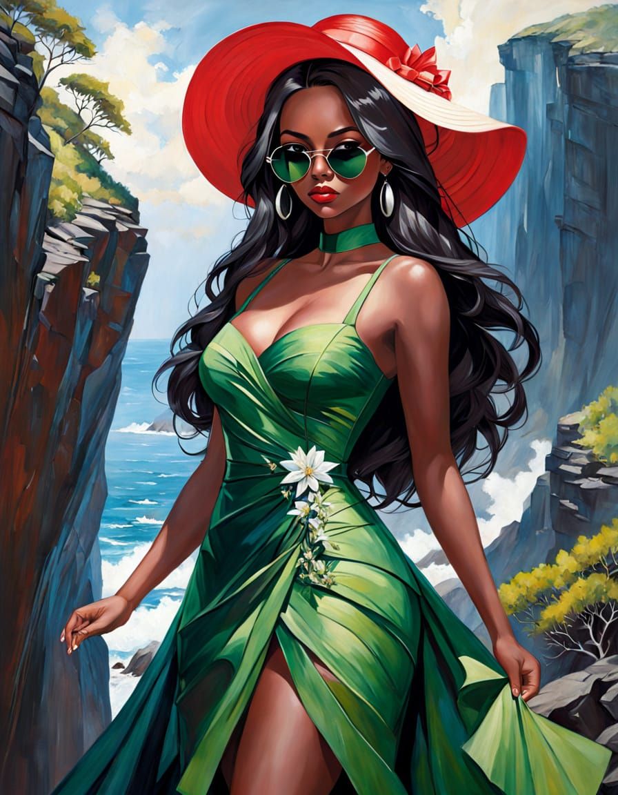 Elegant, Vulnerable Woman in Dramatic Cliffside Landscape