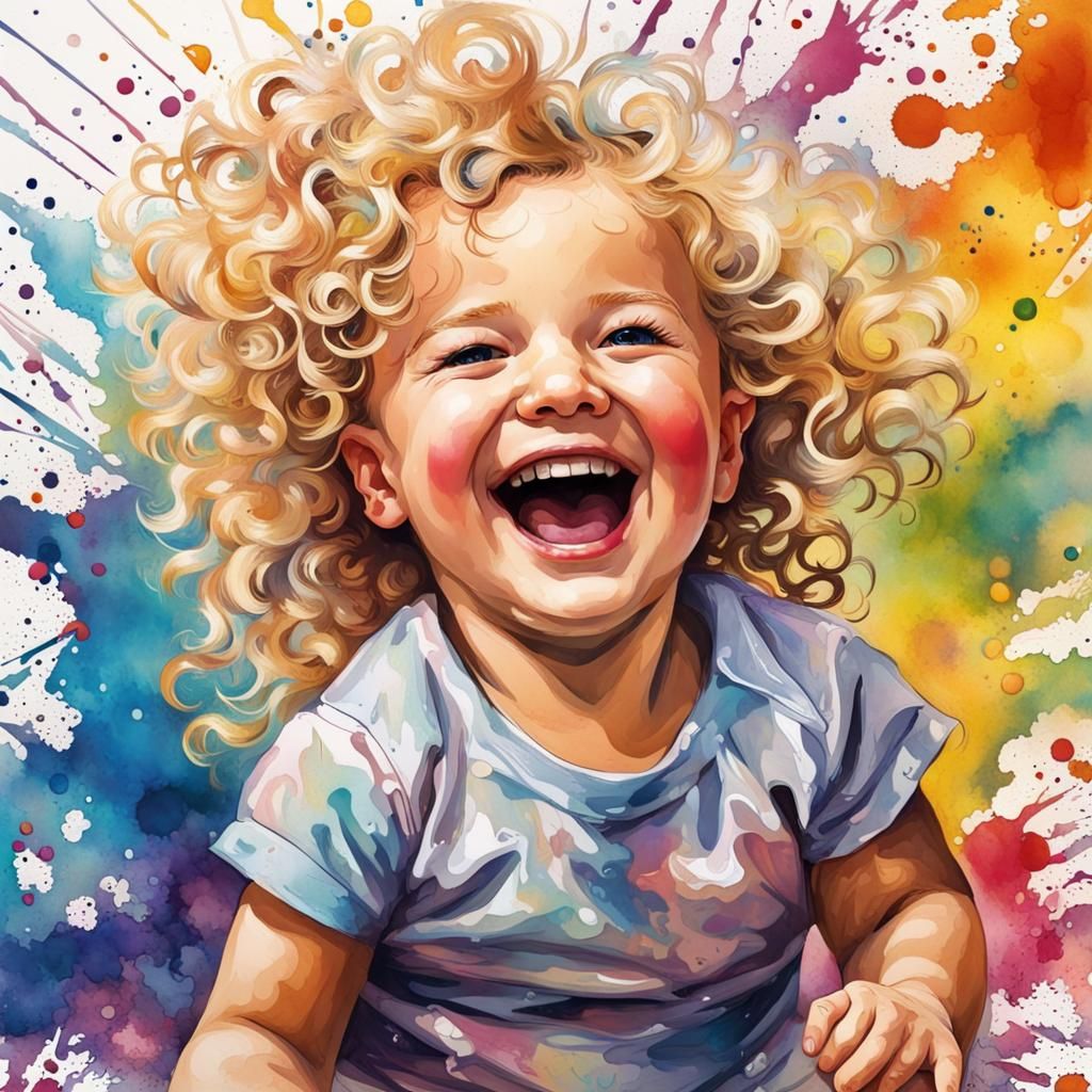 Laughing Blonde Toddler with Ink Splatter Details
