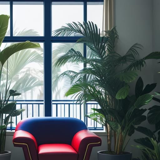 Modern Red and Blue Lounge with Plants in Navy Style