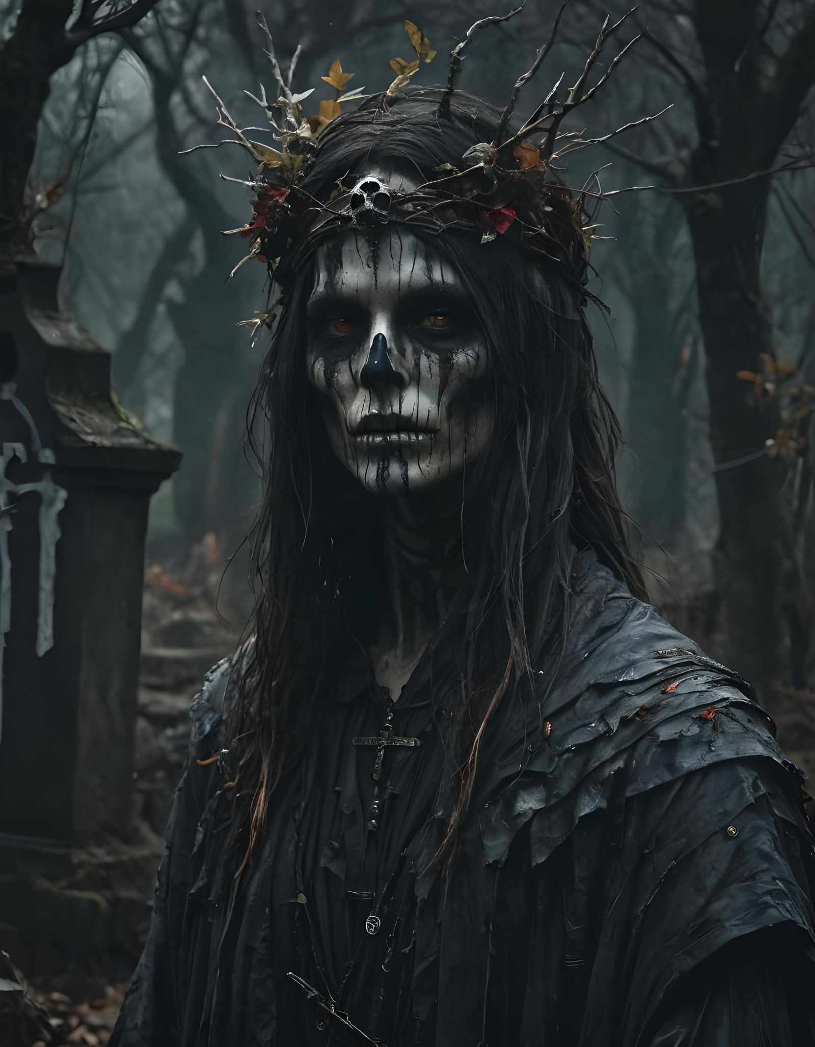 Dark Necromancer Portrait in Spooky Graveyard