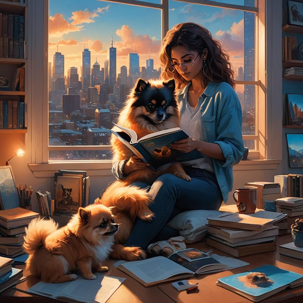 Woman Reading with Puppy in Fantasy Matte Painting