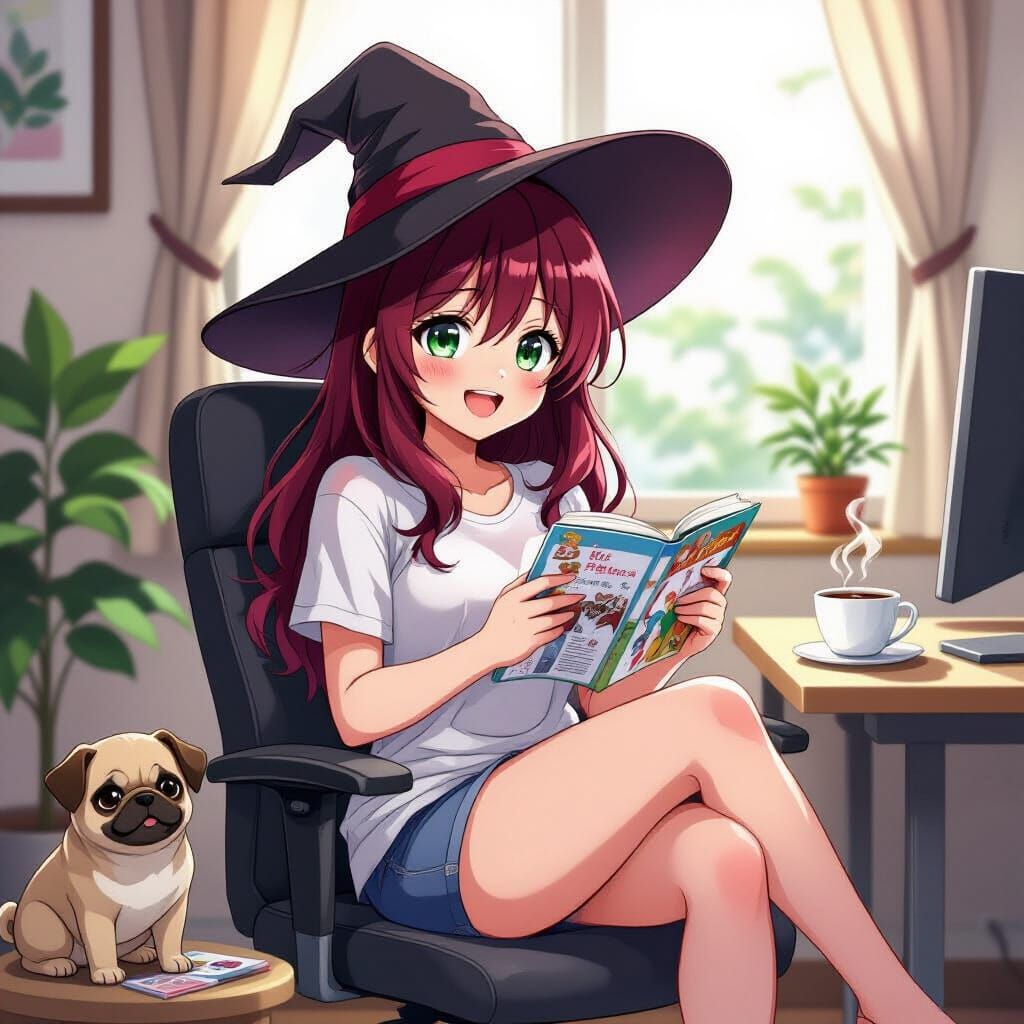 Anime Woman Reading Manga in Studio Trigger Style