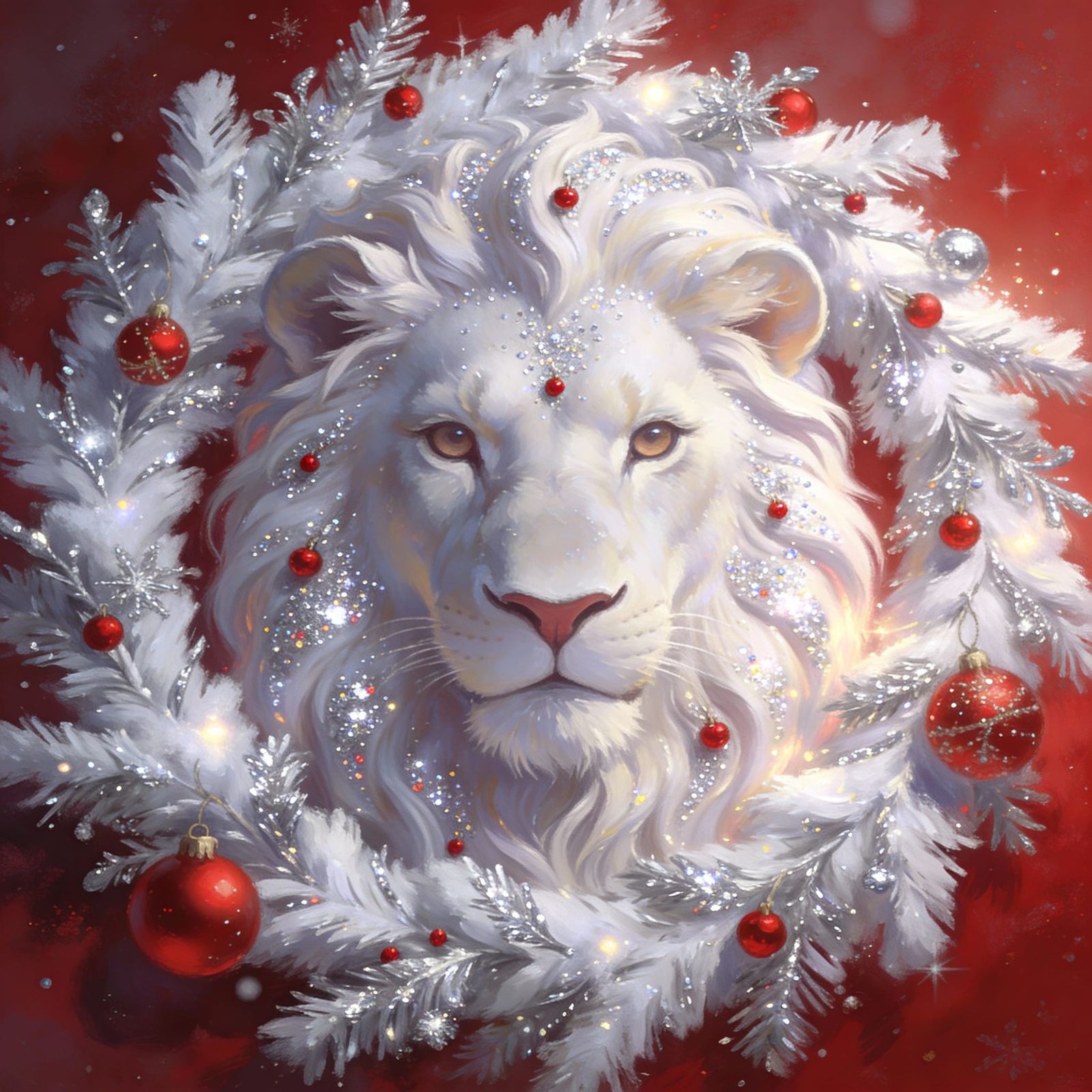 Majestic White Lion in Festive Christmas Wreath