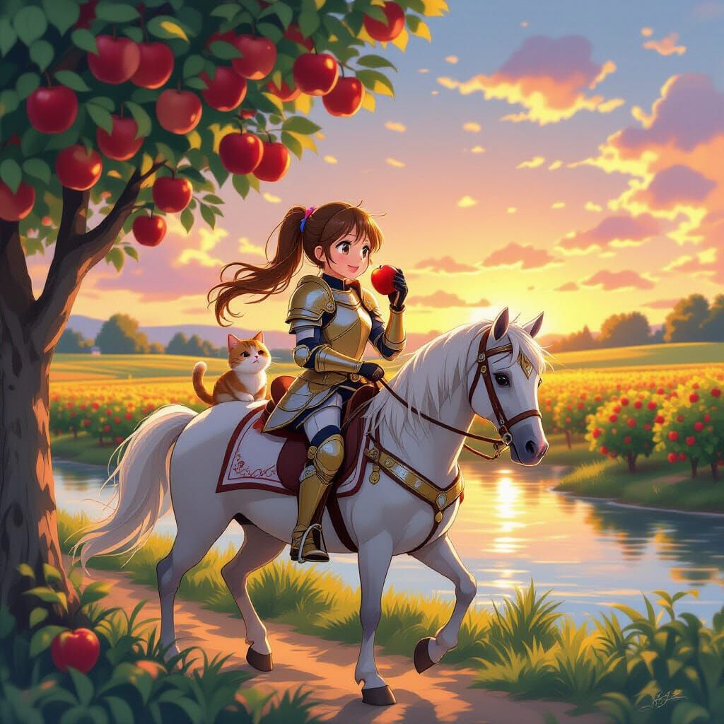Anime Schoolgirl Knight Rides Horse at Sunset