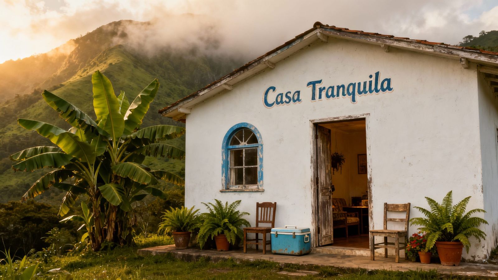 Quaint White House Amidst Misty Green Mountains in Vintage S...