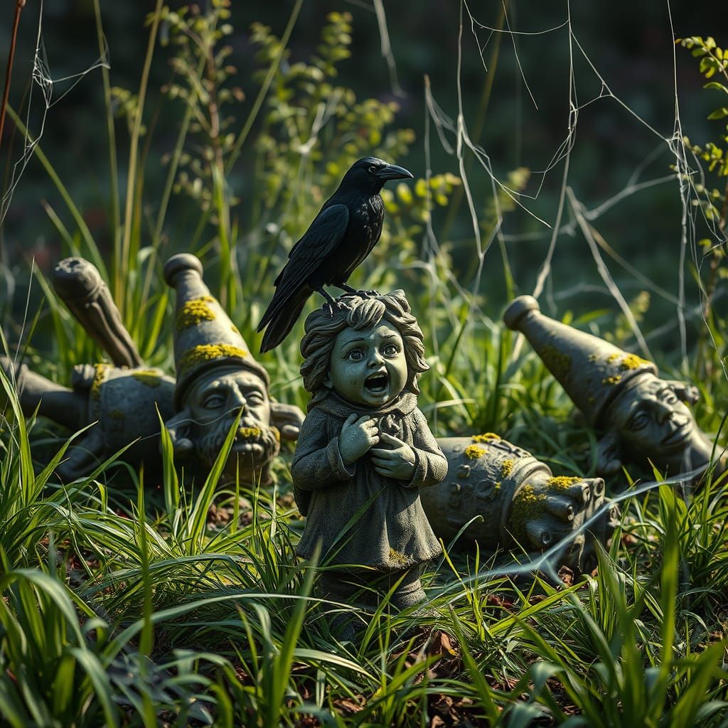 Eerie Abandoned Garden Scene in Hyperrealistic Style