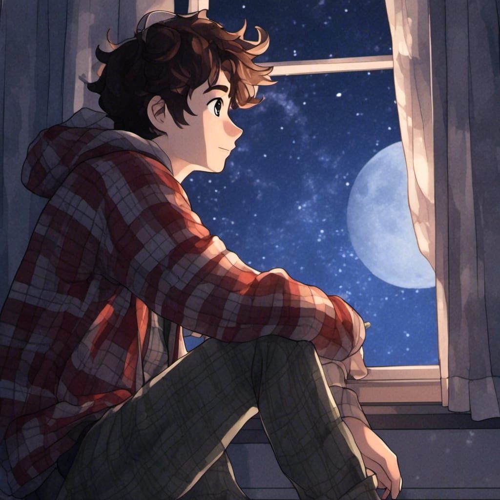 Anime Girl Gazing at Stars by Moonlight