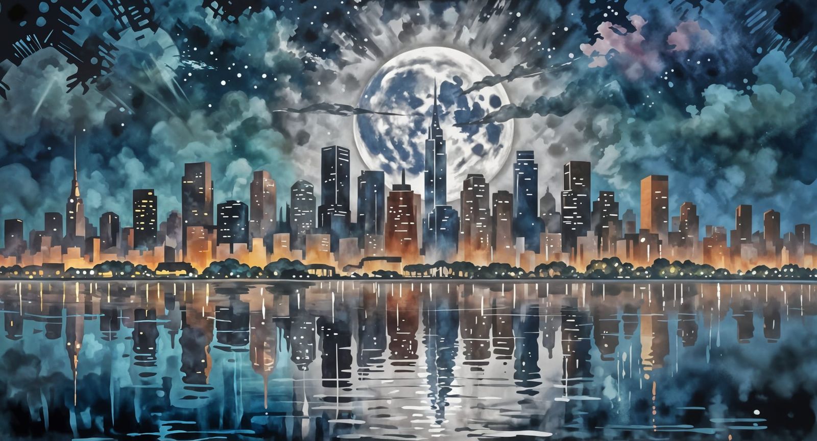 City Skyline Reflections at Moonrise in Gouache Style