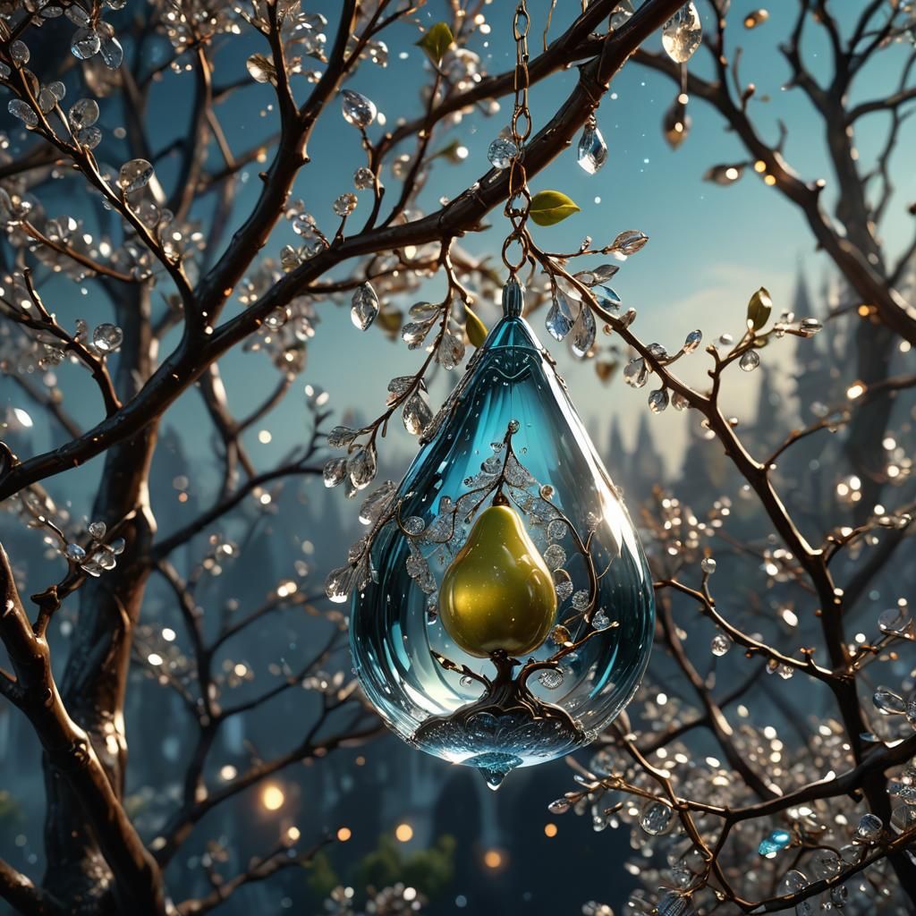 Glass Pear with Crystals Hanging from Glass Tree