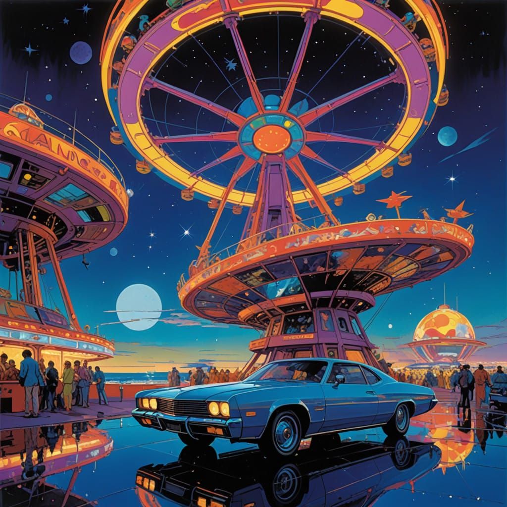 Ethereal Cosmic Carnival with Vibrant Rides and Glowing Ferr...