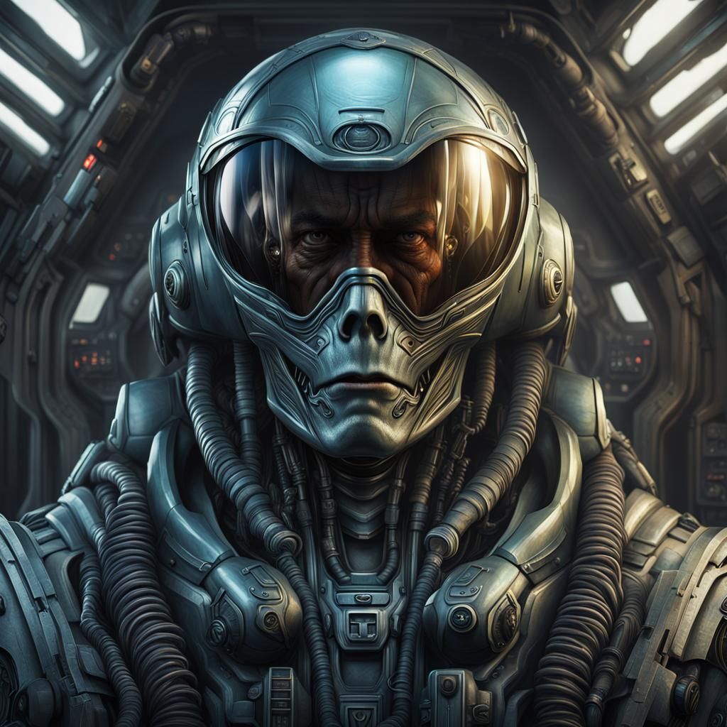Alien Pilot in Jet Fighter, Giger Style Portrait