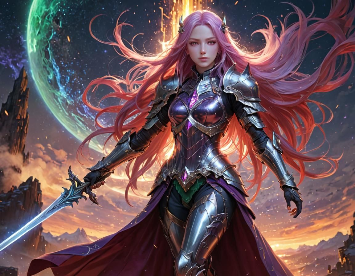 Anime Woman in Cosmic Armor with Northern Lights