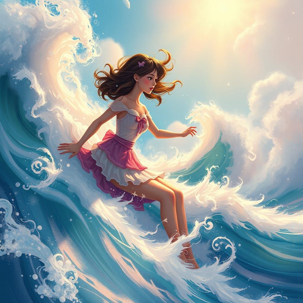 Ethereal Wave Rider in Whimsical Storybook Style