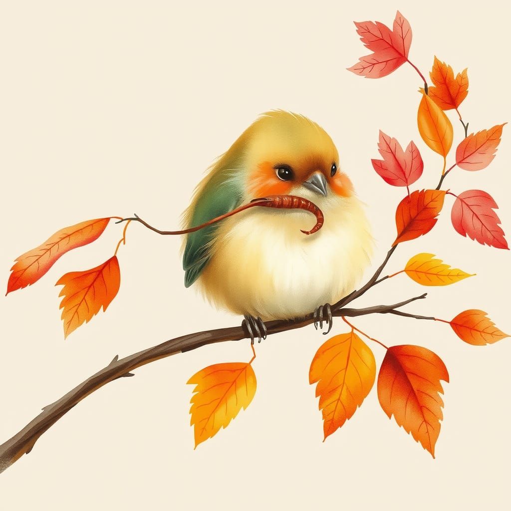 Bird with Worm in Autumn, Watercolor Style
