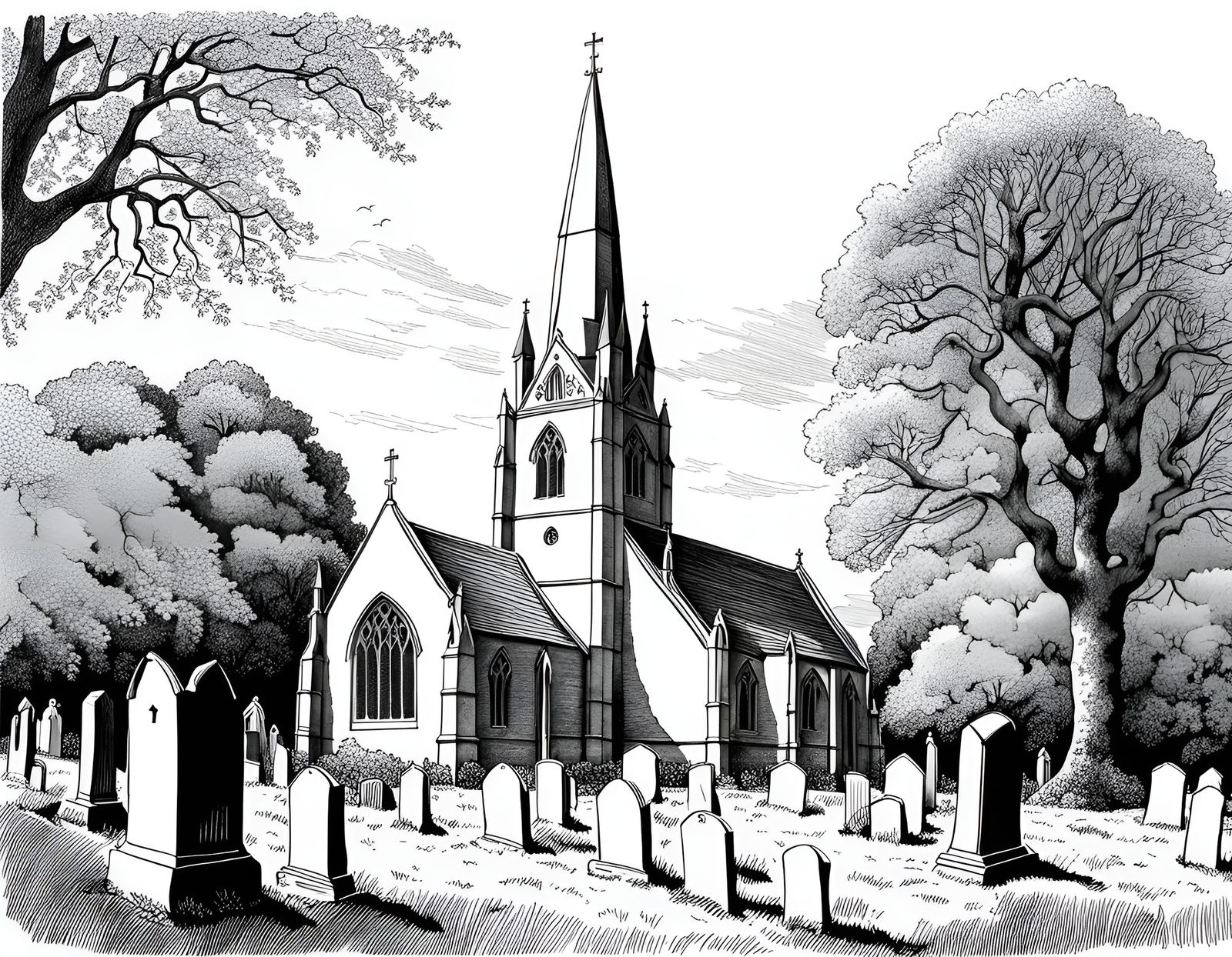 English Village Church: Intricate Ink Line Drawing