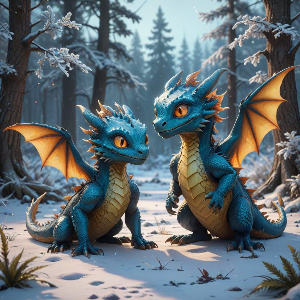 Baby Dragons Play in Frosty Winter Wonderland with Sparkling...