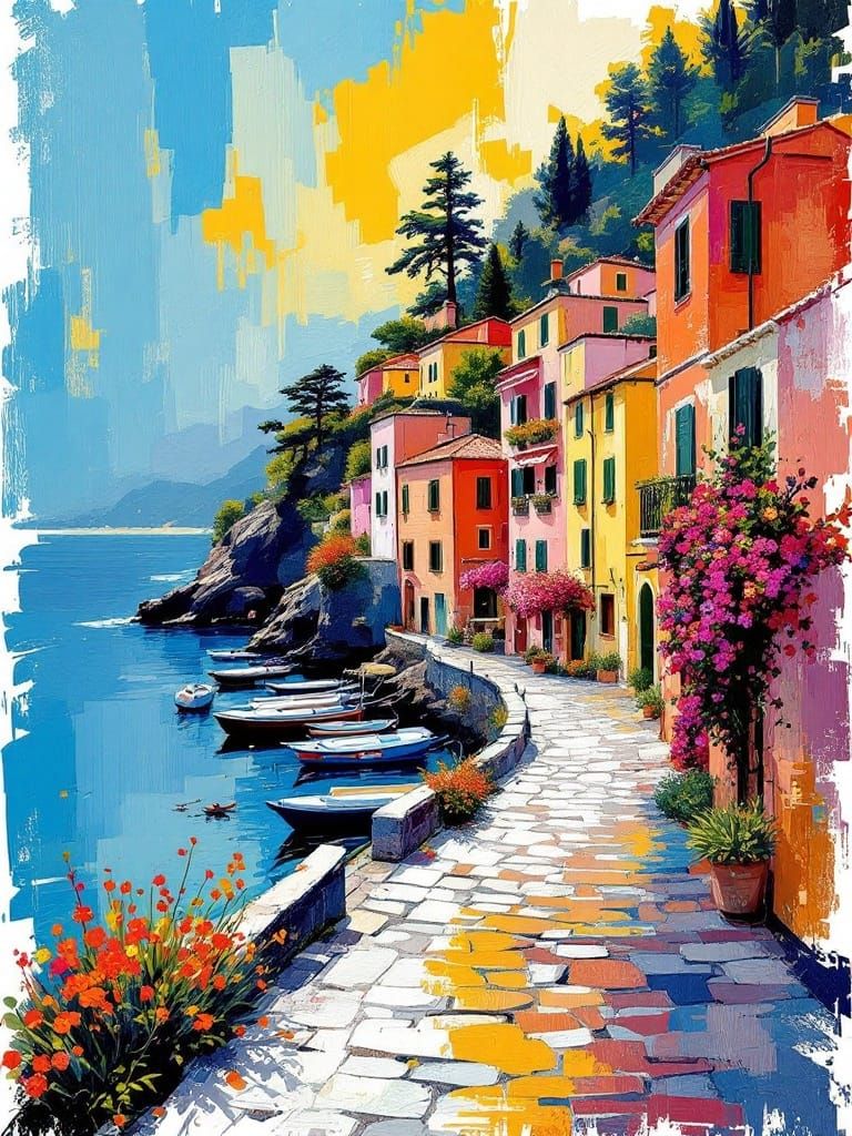Vibrant Cinque Terre Village in Abstract Impasto Style