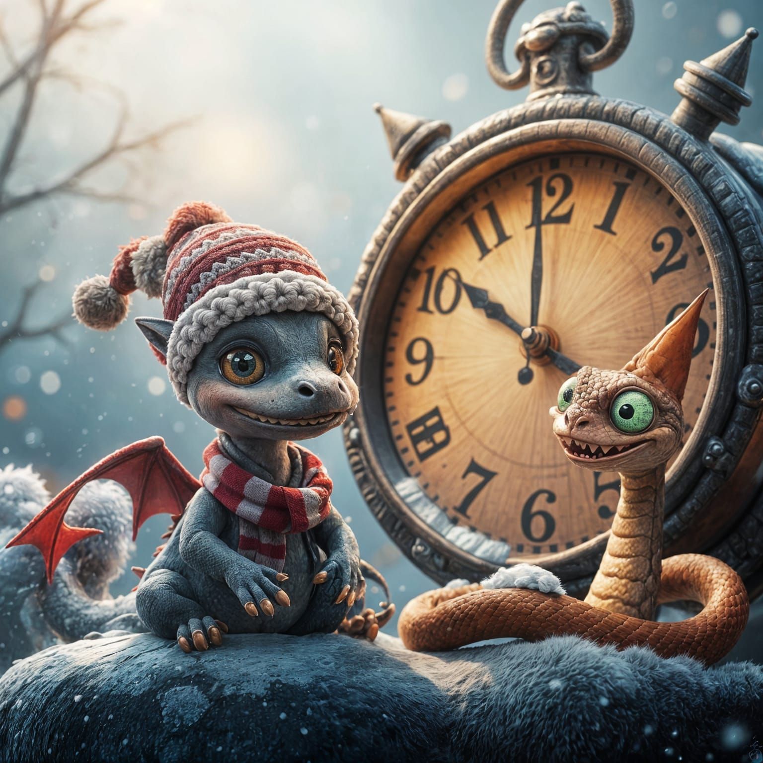 Whimsical Dragon and Snake Meet Midnight in Winter Wonderlan...