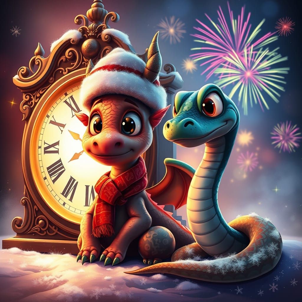 Surreal Dragon's Midnight Moment with Joyful Snake Companion