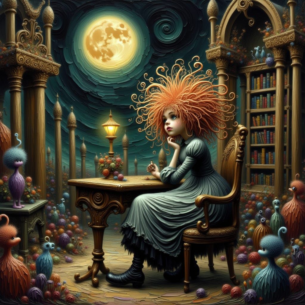 Celestial Librarian in Folk Art Nouveau Cathedral