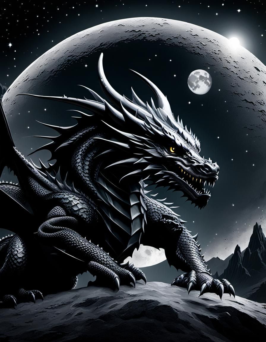 Small Black Dragon with Moonlit Starry Background