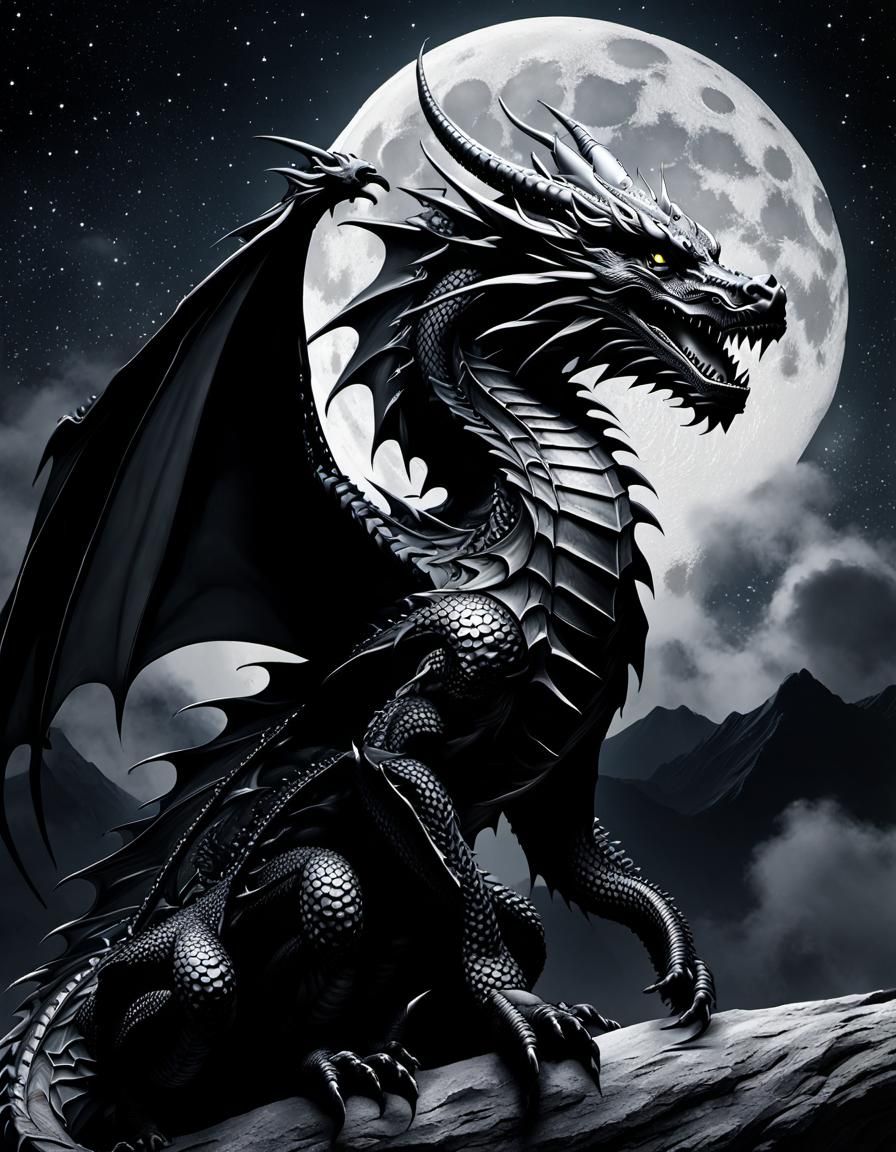 Small Black Dragon Against Starry Sky