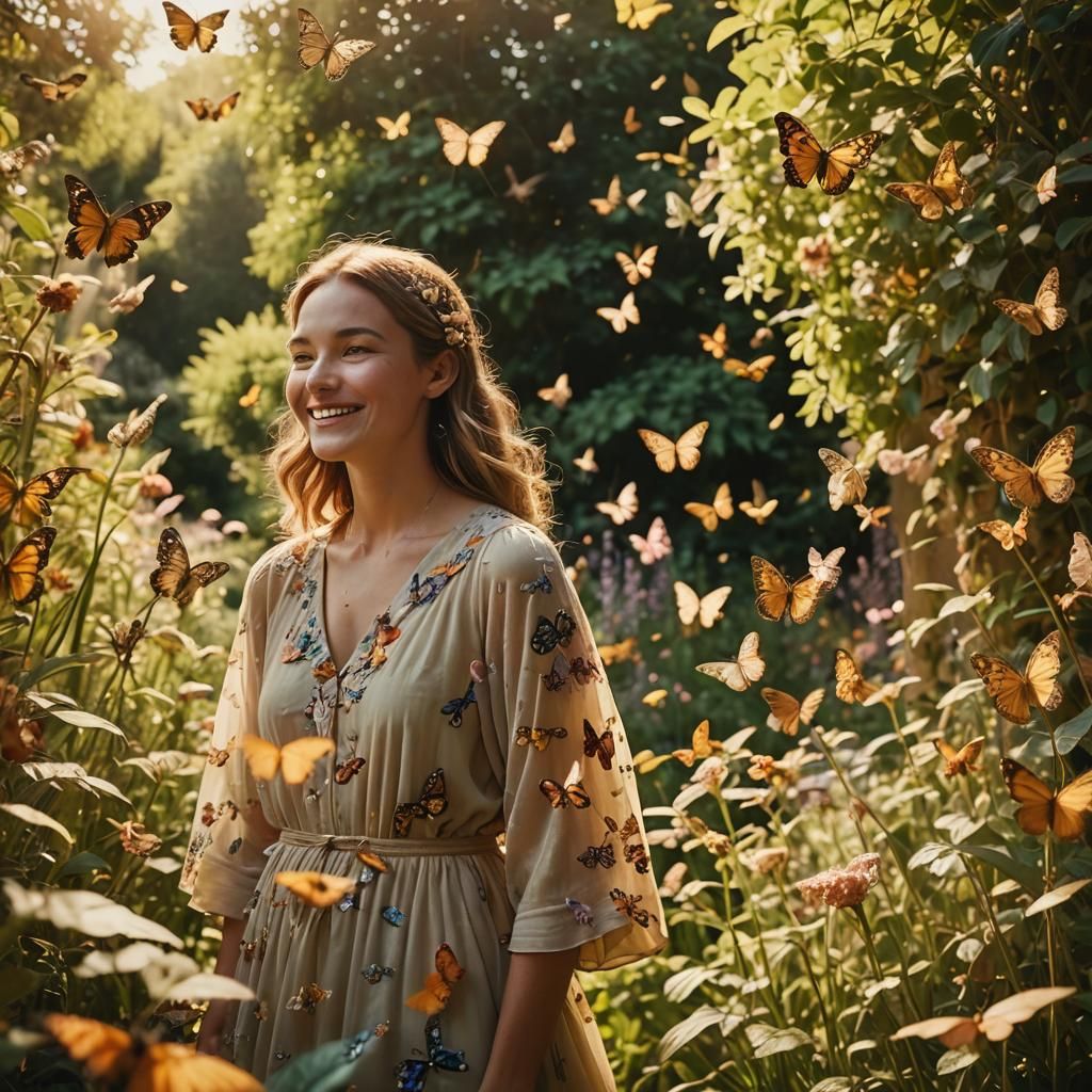 Person in Lush Garden with Fluttering Butterflies