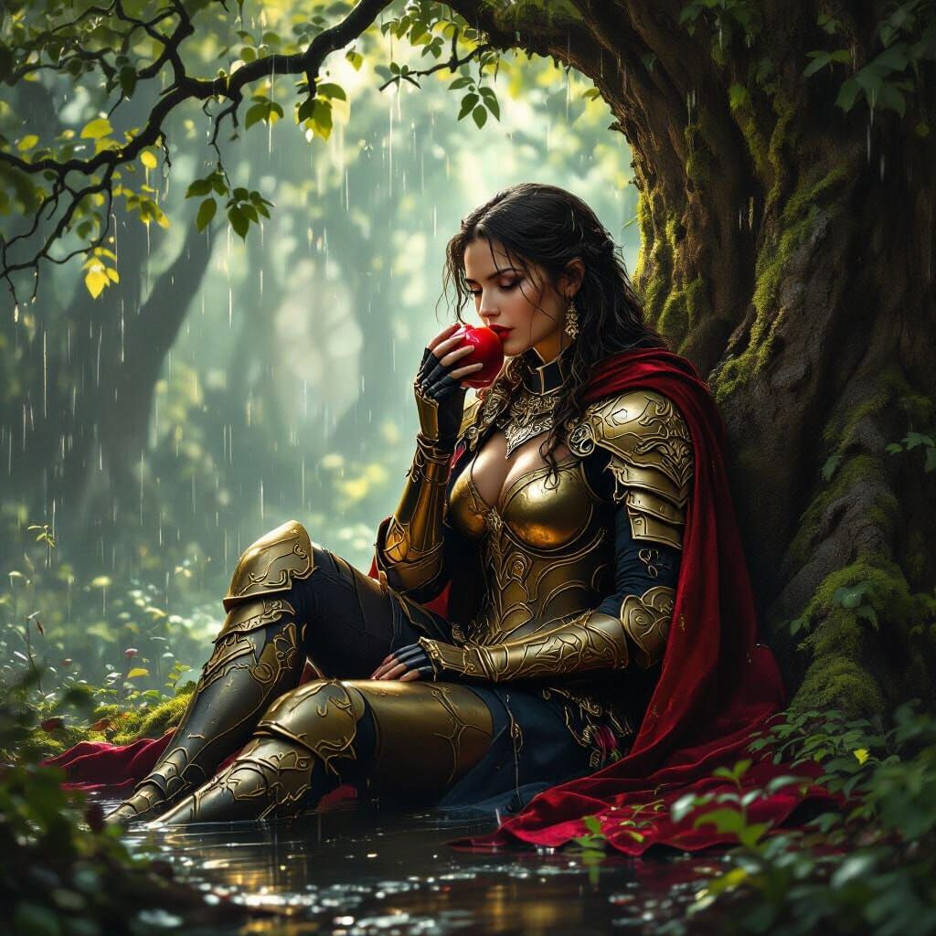 Warrior Resting in Rain-Soaked Forest with Golden Armor