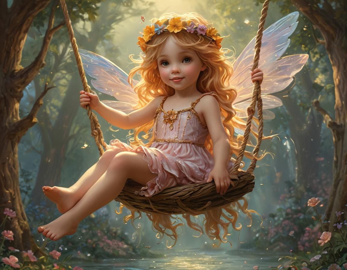 Ornate Fairy on Rope Swing in Fantasy Landscape