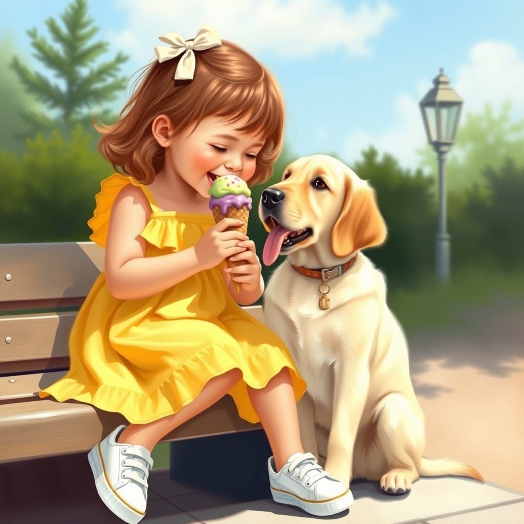 Girl and Dog Enjoying Summer Ice Cream