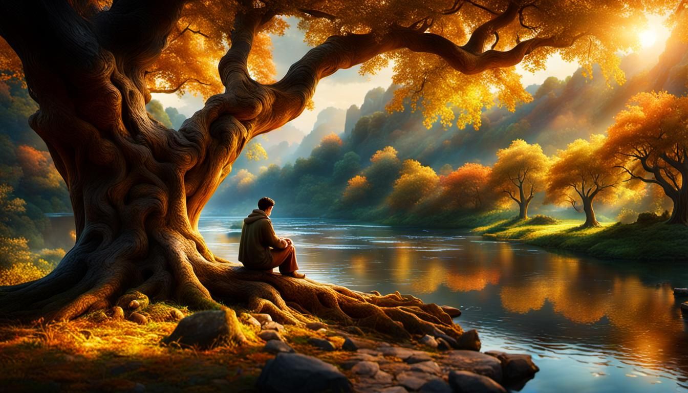 Serene Riverside Scene with Figure in Golden Light