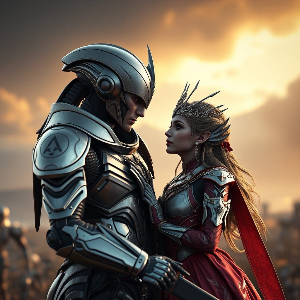 Epic Sci-Fi Romance Scene with Polished Metal Mech