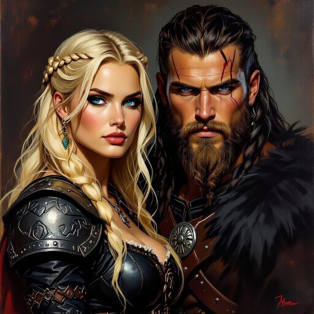Goth Shield Maiden & Viking Man Oil Painting