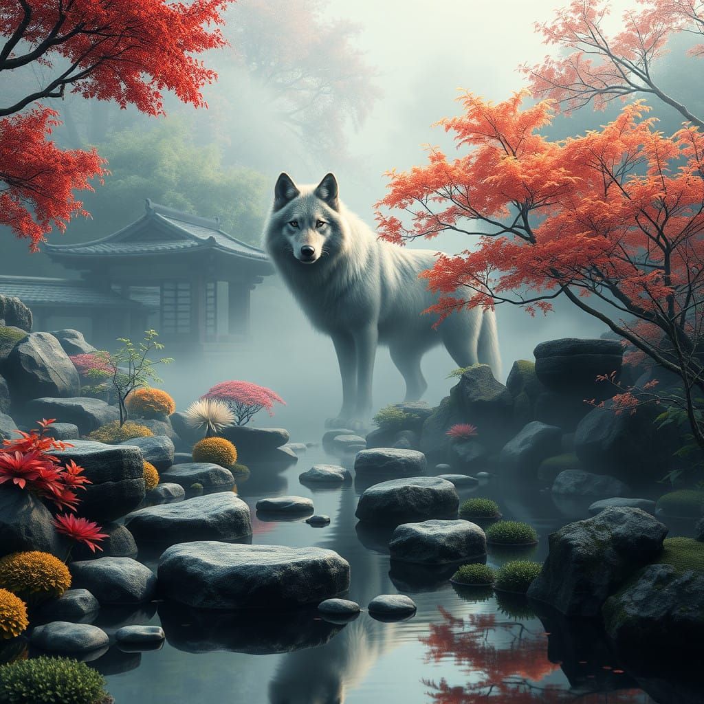 Surreal Japanese Garden Wolf in Cyberpunk Aesthetic