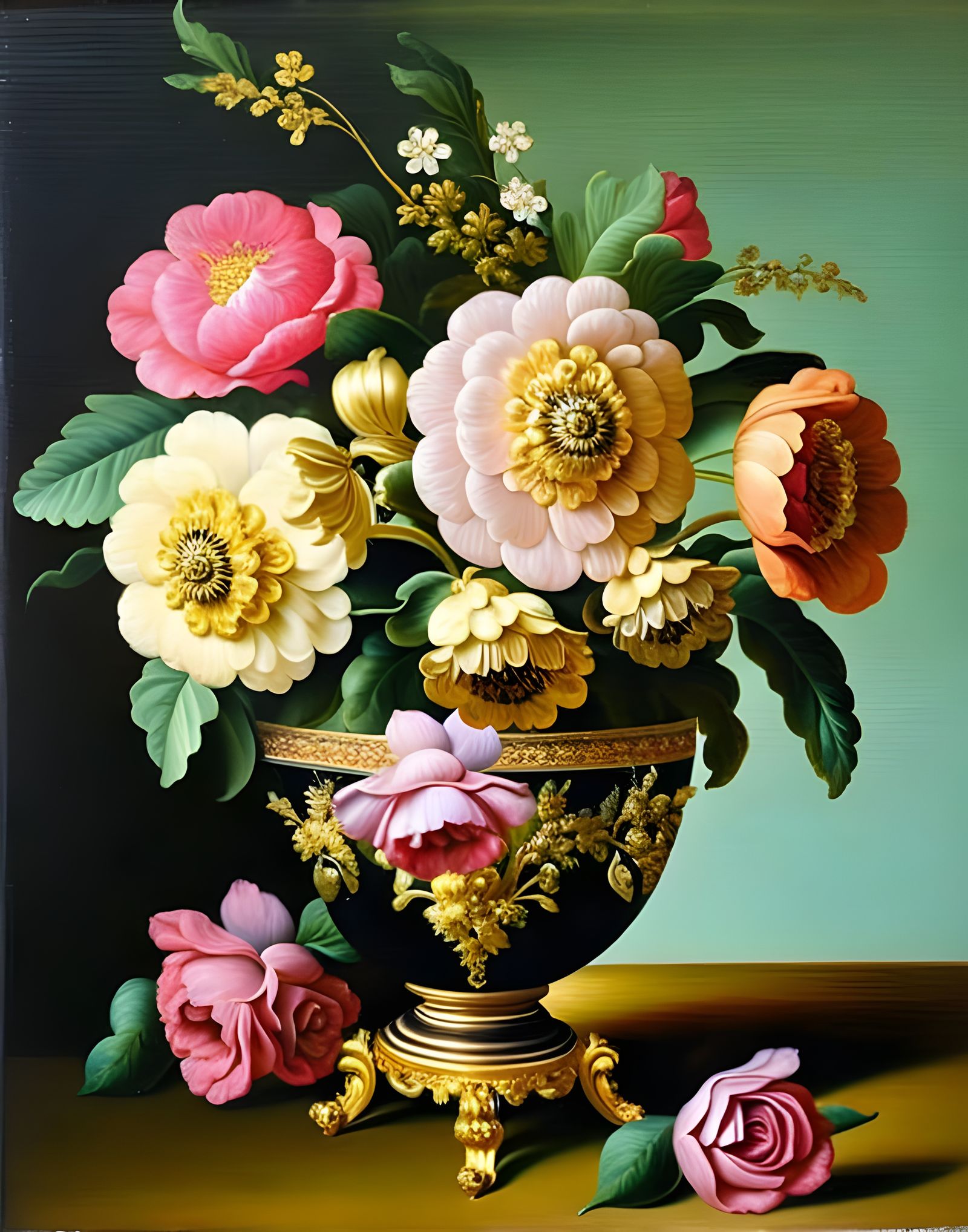 Baroque Floral Masterpiece in Gold Vase