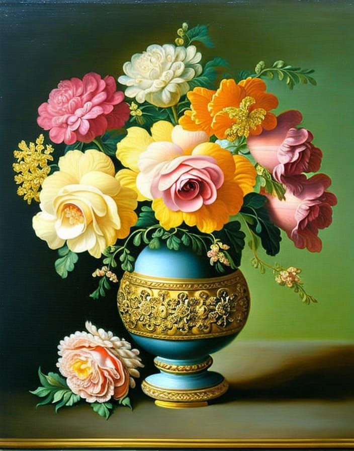 Baroque Oil Painting: Swirling Flowers in Gold Vase