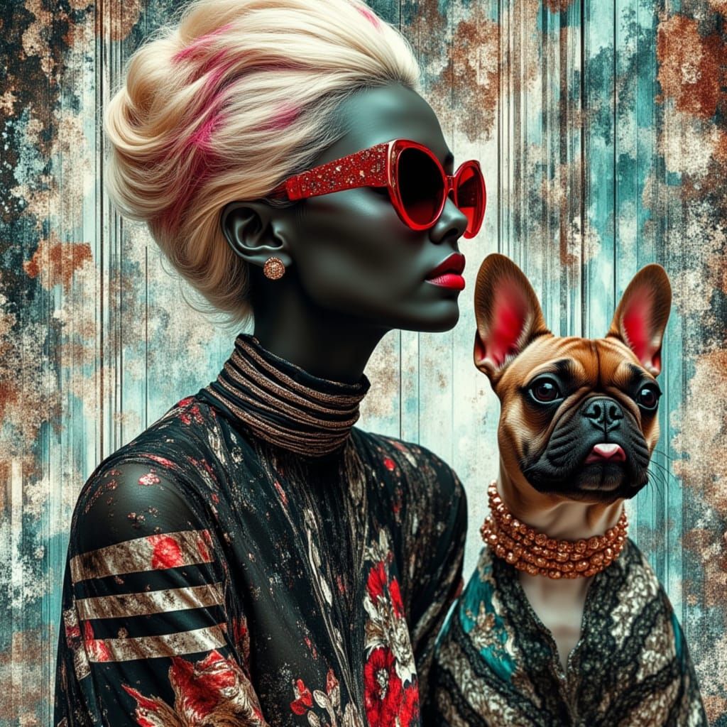 Futuristic Woman with Optical Illusion Art and French Bulldo...