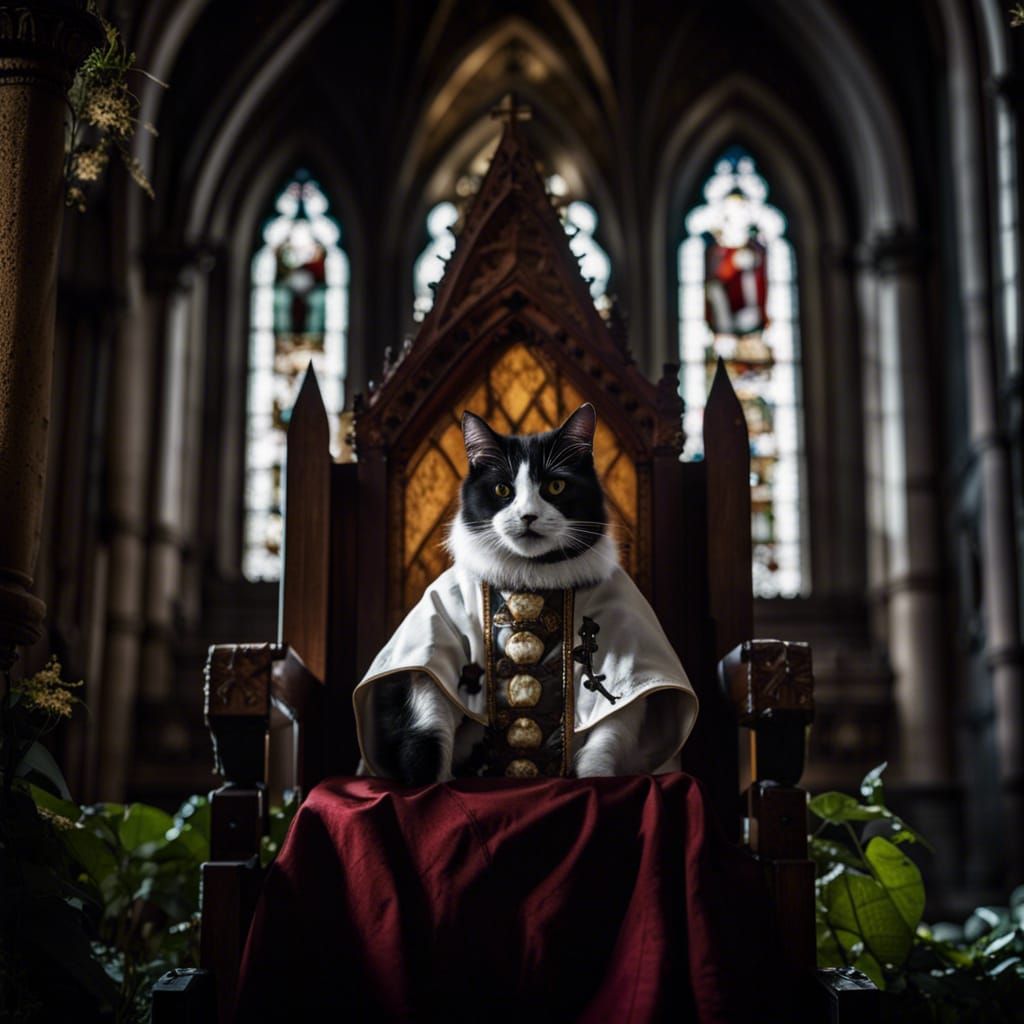 Cat King on Throne in Gothic Cathedral
