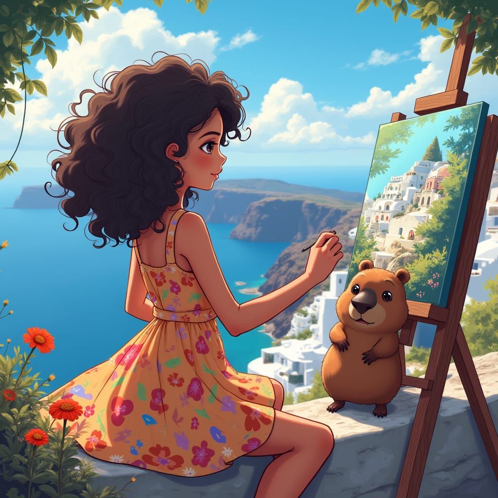 Anime Girl Painting Santorini with Capybara