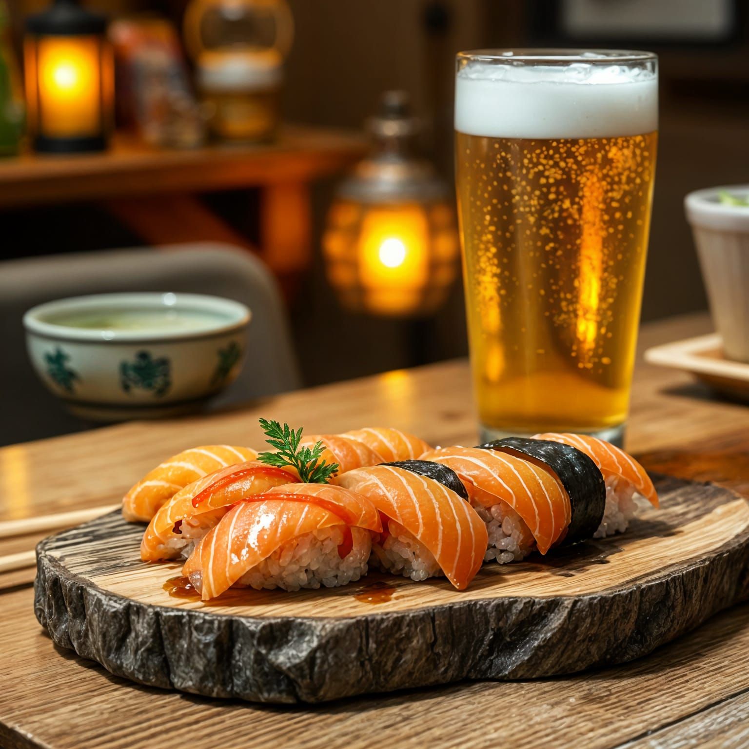 Fresh Sushi and Beer on Wooden Platter