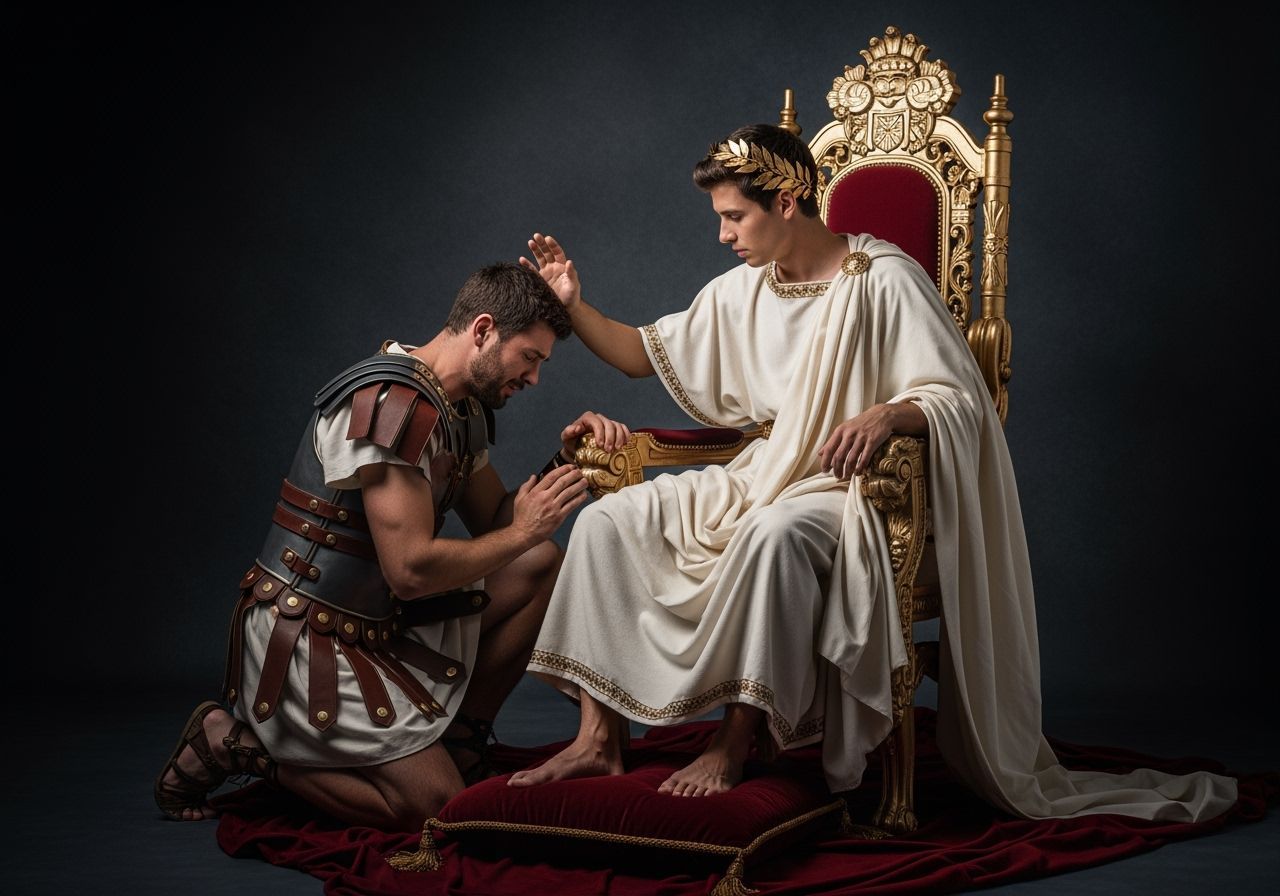 Barefoot Emperor on Gold Throne About to Strike Soldier