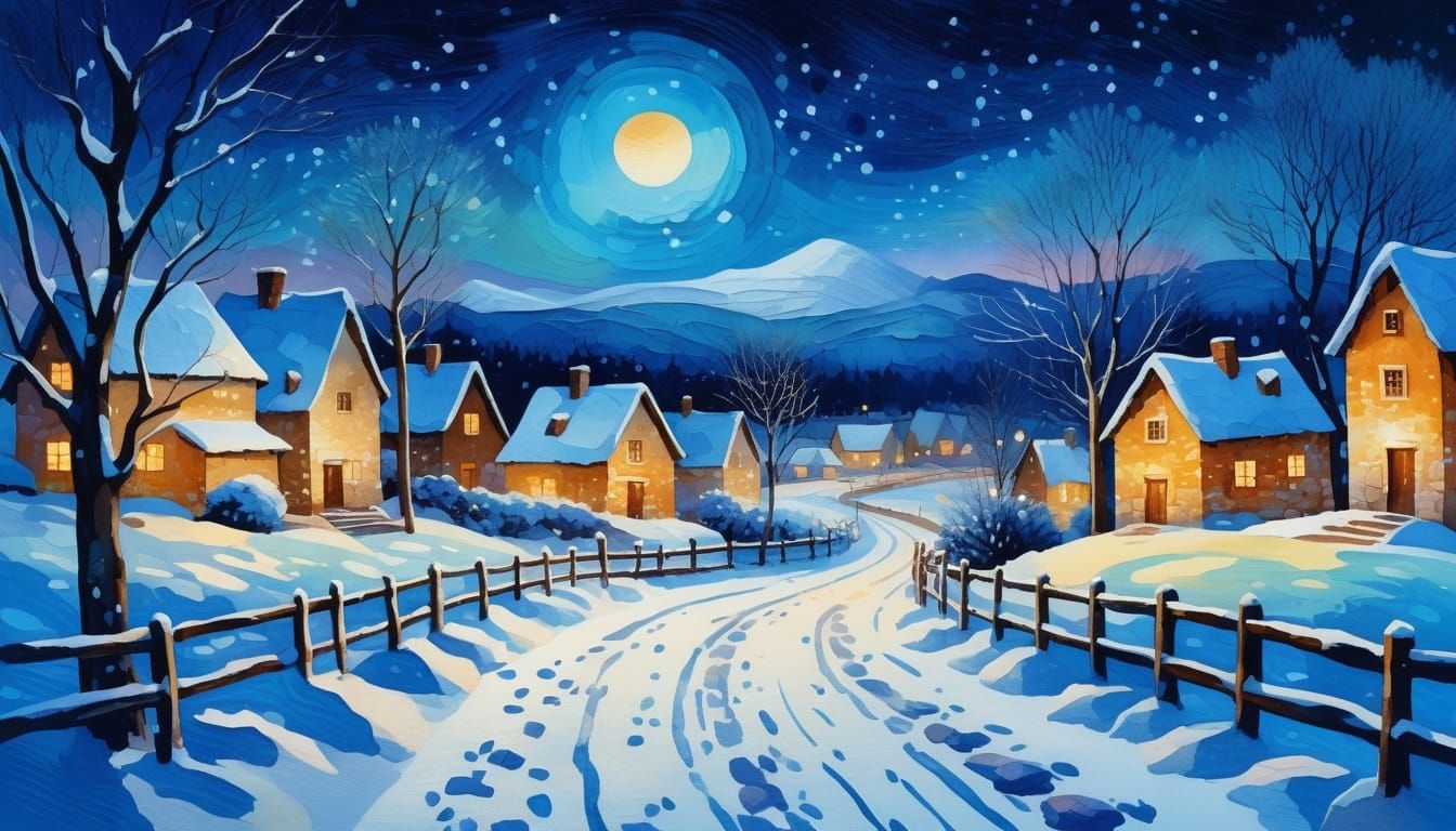 Winter Village at Dusk: An Impressionist Landscape