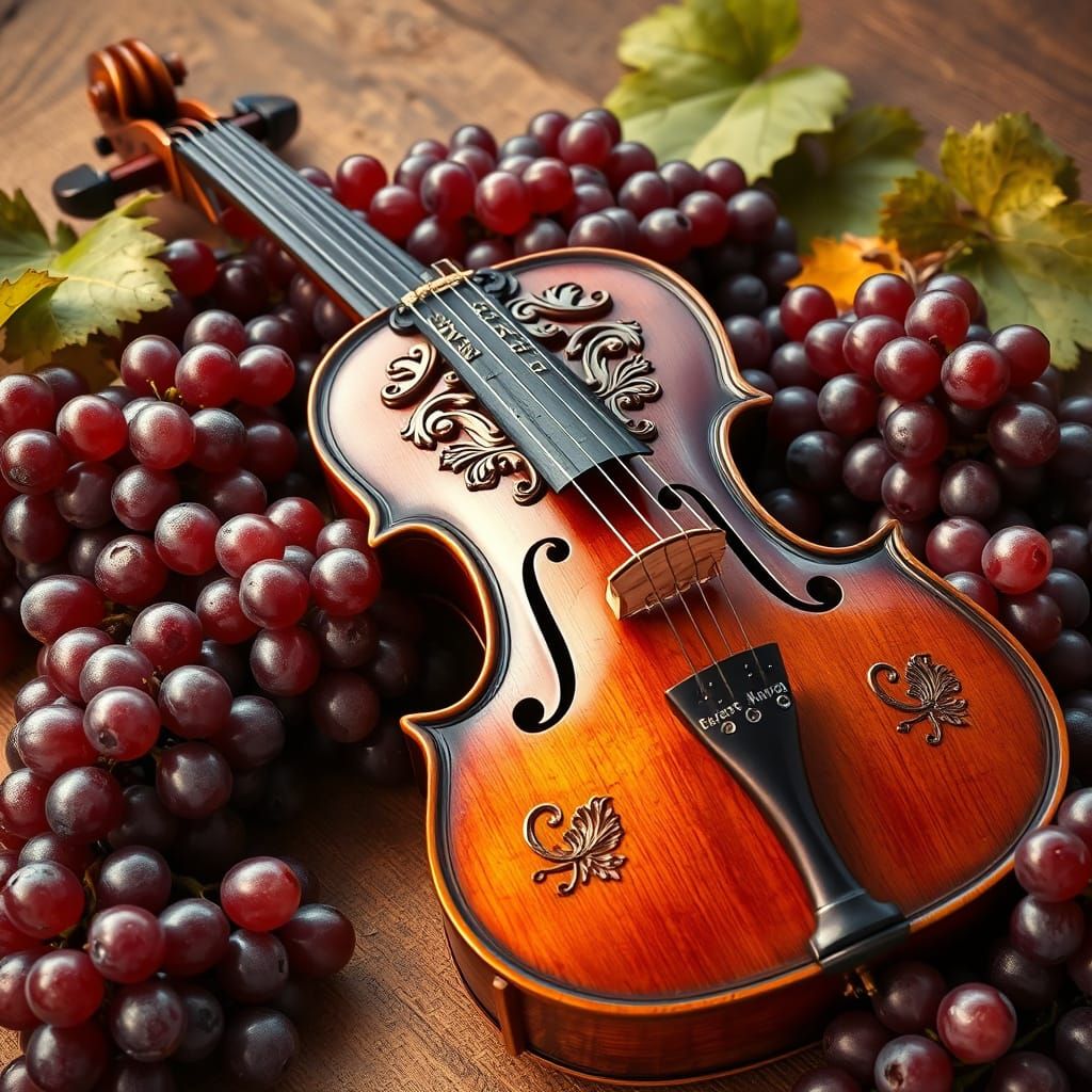 Ornate Violin with Grapes in Art Nouveau Style